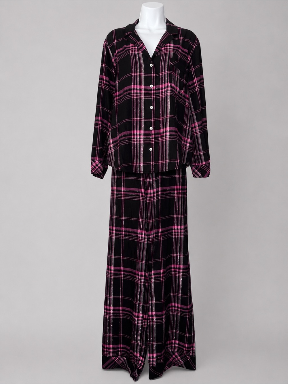 Victoria's Secret Black and Pink metallic Plaid Button-Up Pajama Set size large